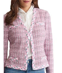 MISOOK Braided Trim Tweed Knit V-Neck Long Sleeve Jacket
