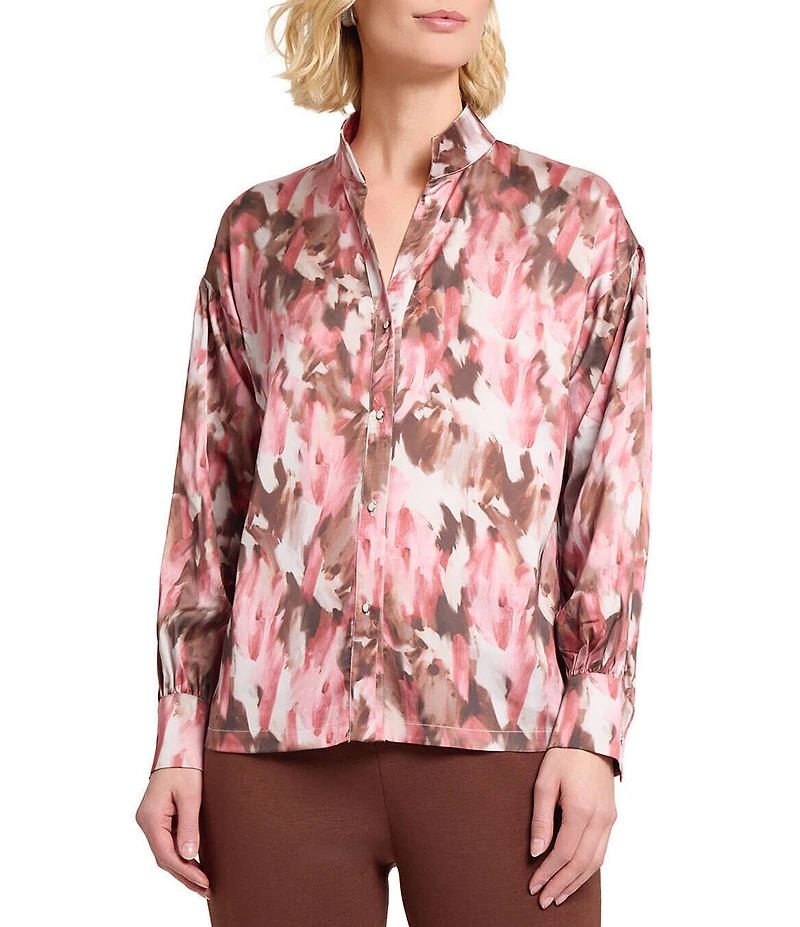 MISOOK Brushstroke Print Crepe De Shine Long Sleeve Button Front Blouse