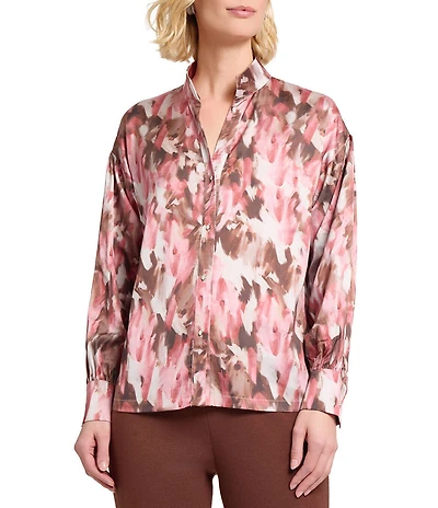 MISOOK Brushstroke Print Crepe De Shine Long Sleeve Button Front Blouse