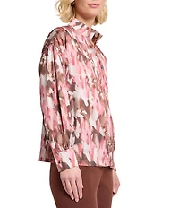 MISOOK Brushstroke Print Crepe De Shine Long Sleeve Button Front Blouse