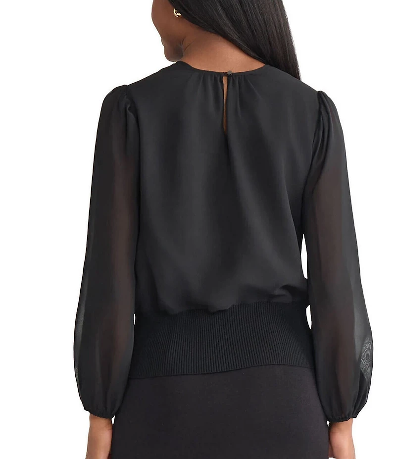 MISOOK Chiffon Round Neck Long Sheer Sleeve Top
