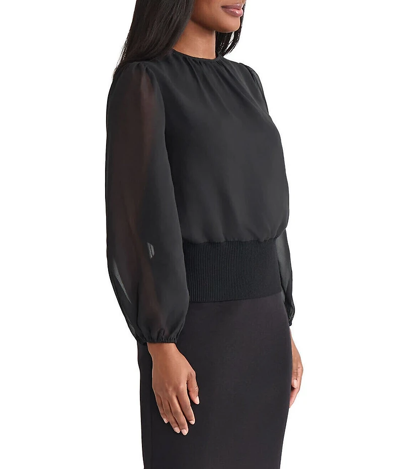 MISOOK Chiffon Round Neck Long Sheer Sleeve Top