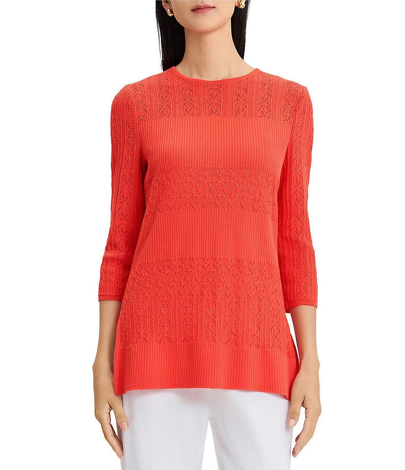 MISOOK Classic Lined Pointelle Knit Jewel Neck 3/4 Sleeve Tunic