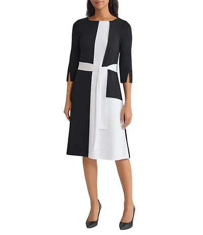 MISOOK Colorblock Knit Boat Neck 3/4 Sleeve Tie Waist Dress