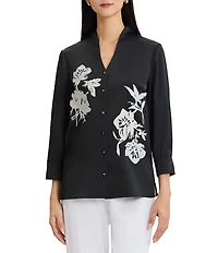 MISOOK Crepe de Chine Embroidered Mandarin Collar Bracelet Sleeve Button-Front Blouse