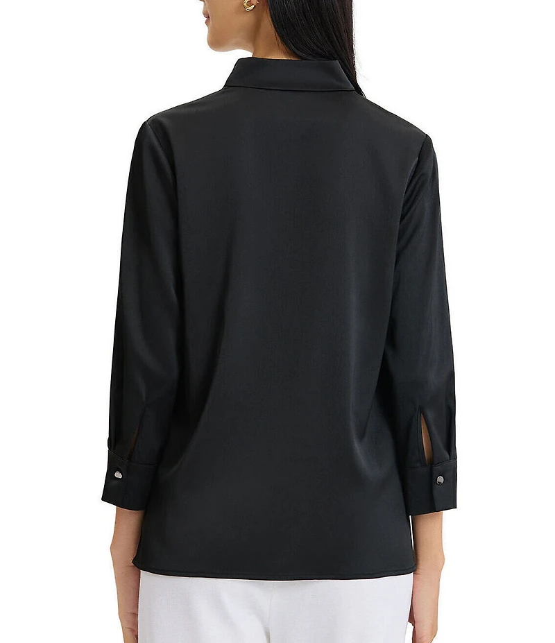 MISOOK Crepe de Chine Embroidered Mandarin Collar Bracelet Sleeve Button-Front Blouse