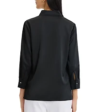 MISOOK Crepe de Chine Embroidered Mandarin Collar Bracelet Sleeve Button-Front Blouse