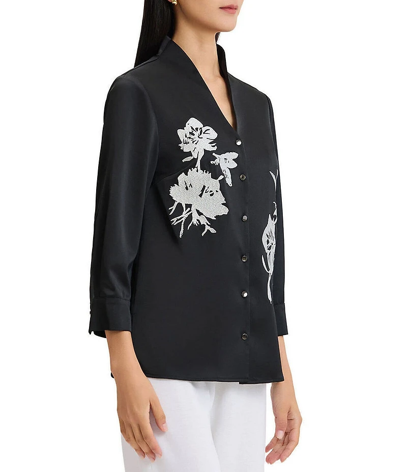 MISOOK Crepe de Chine Embroidered Mandarin Collar Bracelet Sleeve Button-Front Blouse