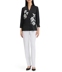 MISOOK Crepe de Chine Embroidered Mandarin Collar Bracelet Sleeve Button-Front Blouse