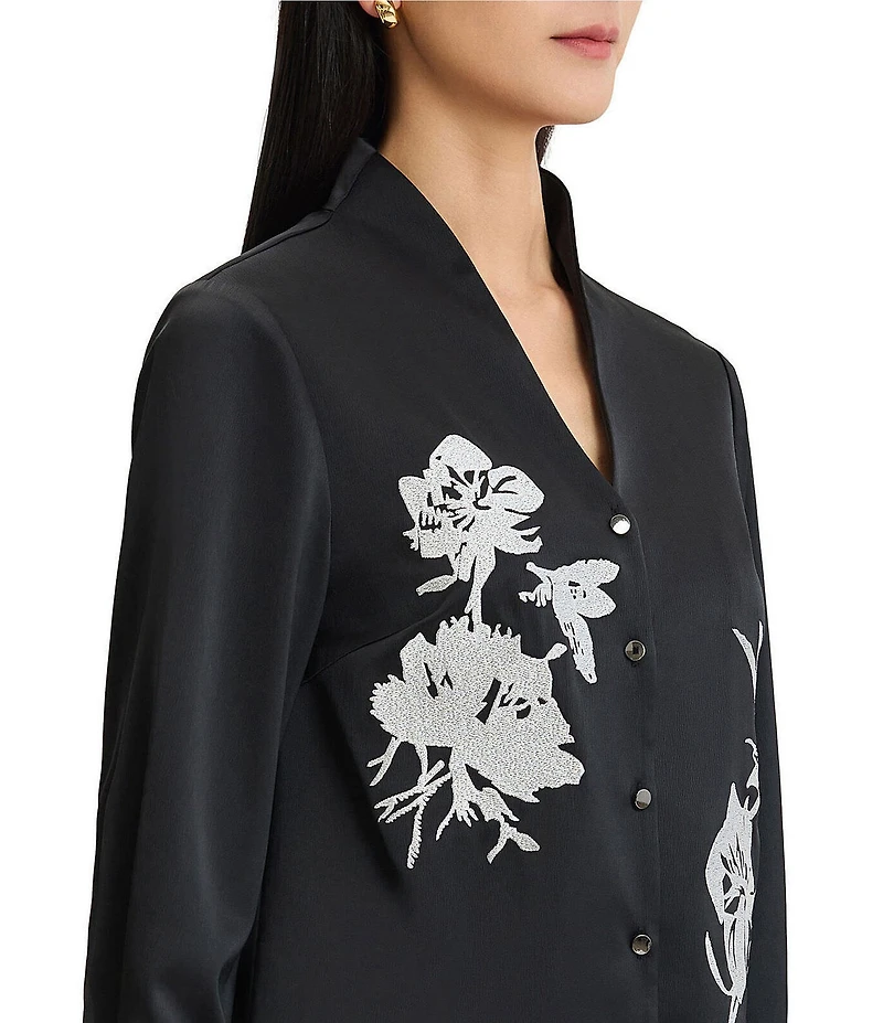 MISOOK Crepe de Chine Embroidered Mandarin Collar Bracelet Sleeve Button-Front Blouse
