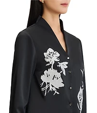 MISOOK Crepe de Chine Embroidered Mandarin Collar Bracelet Sleeve Button-Front Blouse