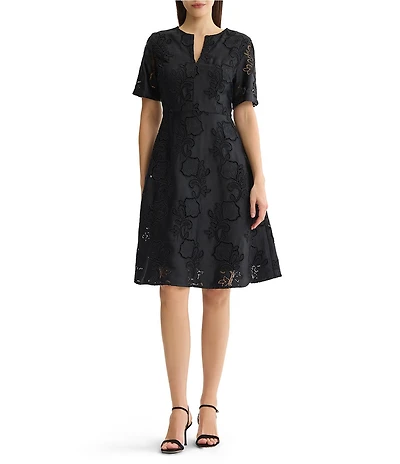 MISOOK Crepe de Chine Floral Eyelet Split Round Neck Short Sleeve A-Line Dress