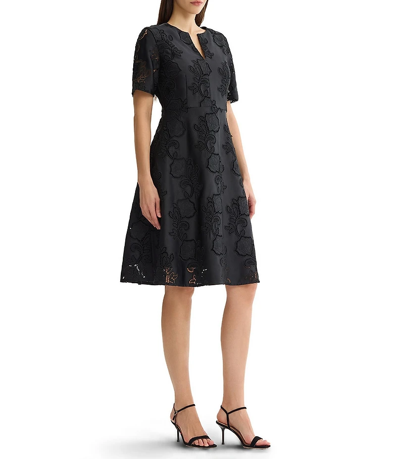 MISOOK Crepe de Chine Floral Eyelet Split Round Neck Short Sleeve A-Line Dress