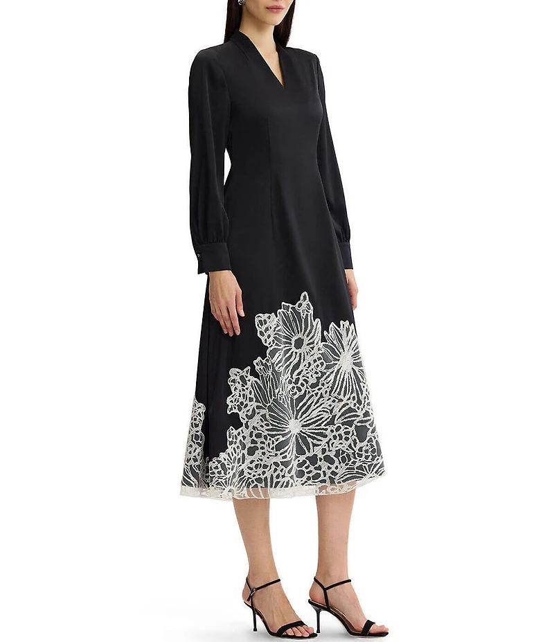 MISOOK Crepe de Chine Floral Lace Applique Fit & Flare Midi Dress