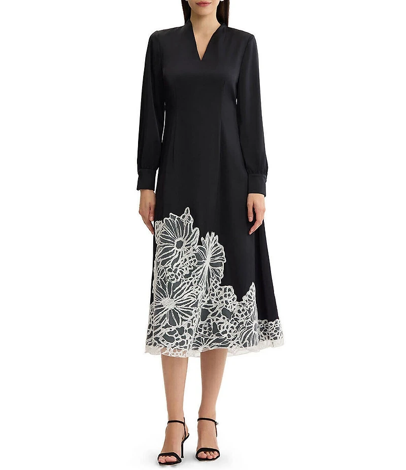 MISOOK Crepe de Chine Floral Lace Applique Fit & Flare Midi Dress