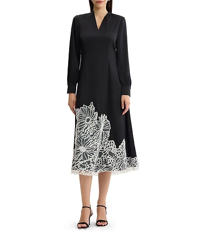 MISOOK Crepe de Chine Floral Lace Applique Fit & Flare Midi Dress