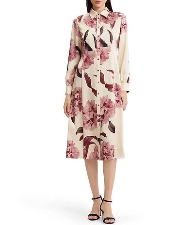 MISOOK Crepe de Chine Floral Point Collar Long Sleeve Button-Front Shirt Dress