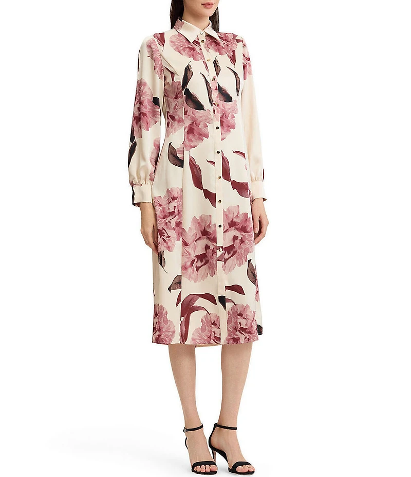 MISOOK Crepe de Chine Floral Point Collar Long Sleeve Button-Front Shirt Dress
