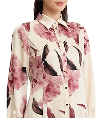 MISOOK Crepe de Chine Floral Point Collar Long Sleeve Button-Front Shirt Dress