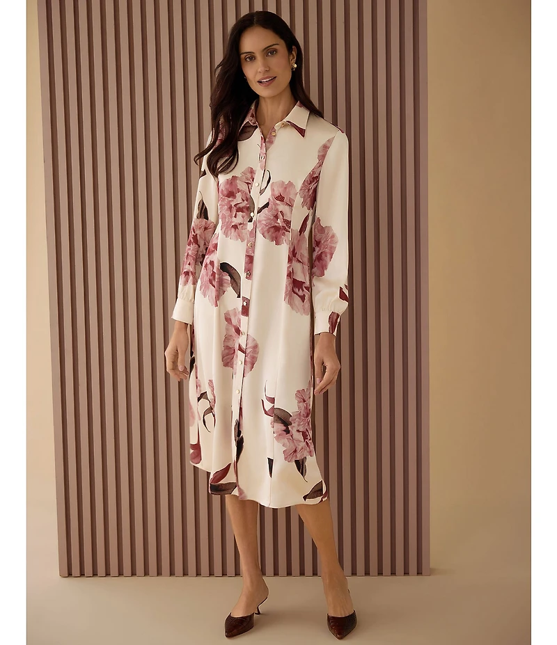 MISOOK Crepe de Chine Floral Point Collar Long Sleeve Button-Front Shirt Dress