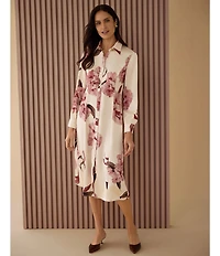 MISOOK Crepe de Chine Floral Point Collar Long Sleeve Button-Front Shirt Dress
