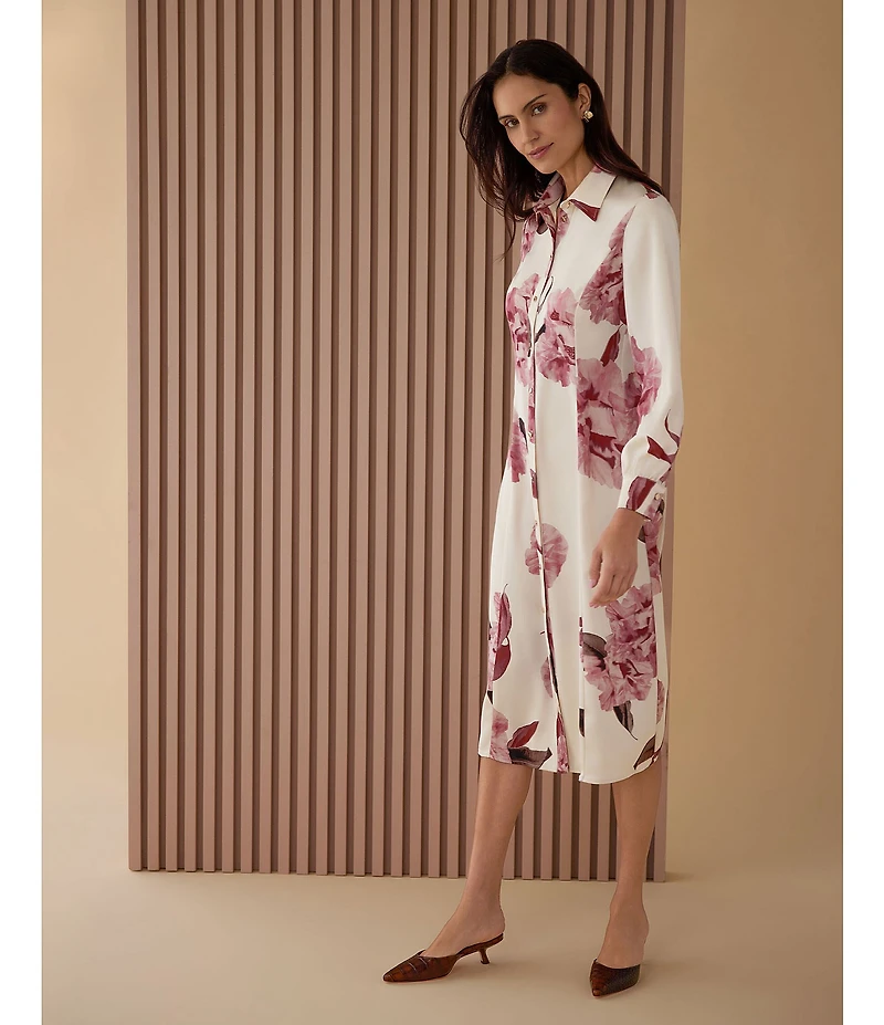 MISOOK Crepe de Chine Floral Point Collar Long Sleeve Button-Front Shirt Dress