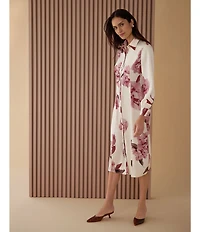 MISOOK Crepe de Chine Floral Point Collar Long Sleeve Button-Front Shirt Dress