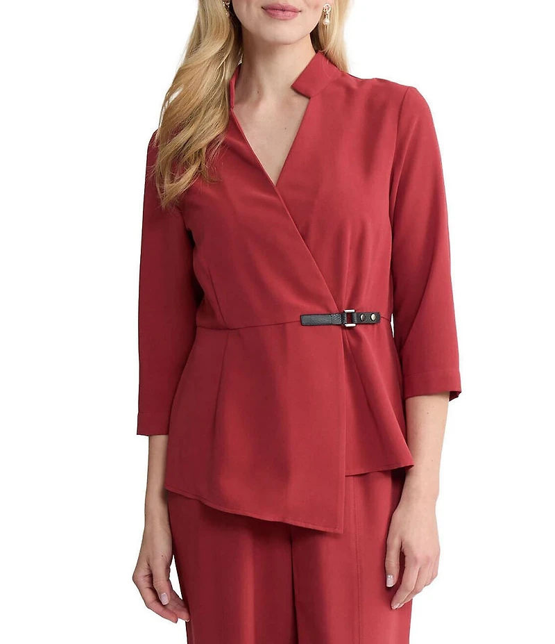 MISOOK Crepe De Chine Mandarin Neck 3//4 Sleeve Adjustable Buckle Asymmetric Hem Wrap Blouse