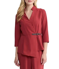 MISOOK Crepe De Chine Mandarin Neck 3//4 Sleeve Adjustable Buckle Asymmetric Hem Wrap Blouse