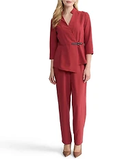 MISOOK Crepe De Chine Mandarin Neck 3//4 Sleeve Adjustable Buckle Asymmetric Hem Wrap Blouse