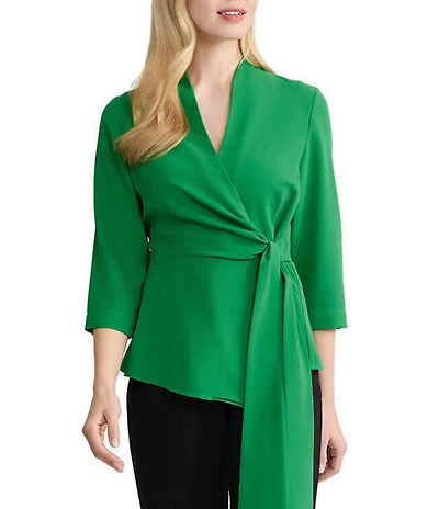 MISOOK Crepe de Chine Surplice V-Neck 3/4 Sleeve Wrap Blouse
