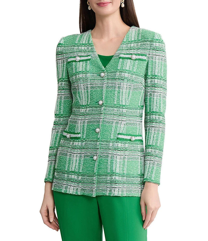 MISOOK Crochet Trim Plaid KNit V-Neck Long Sleeve Jacket