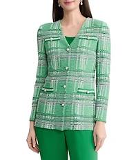 MISOOK Crochet Trim Plaid KNit V-Neck Long Sleeve Jacket