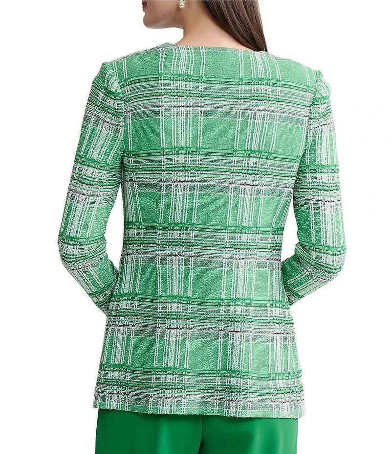 MISOOK Crochet Trim Plaid KNit V-Neck Long Sleeve Jacket