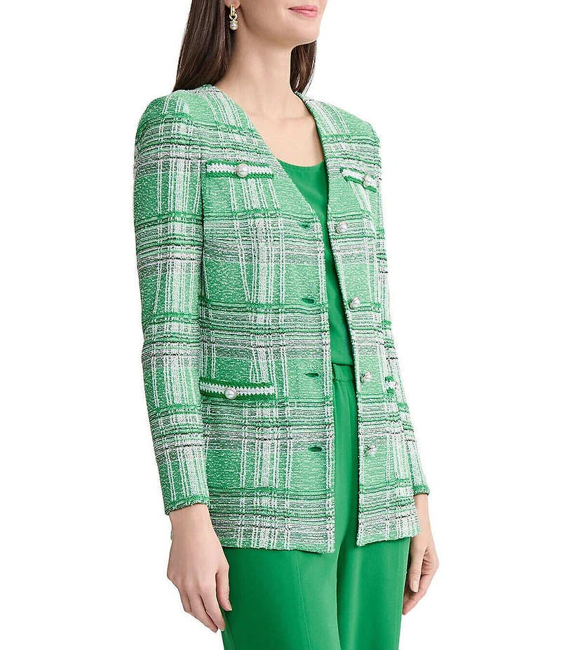 MISOOK Crochet Trim Plaid KNit V-Neck Long Sleeve Jacket