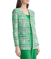 MISOOK Crochet Trim Plaid KNit V-Neck Long Sleeve Jacket