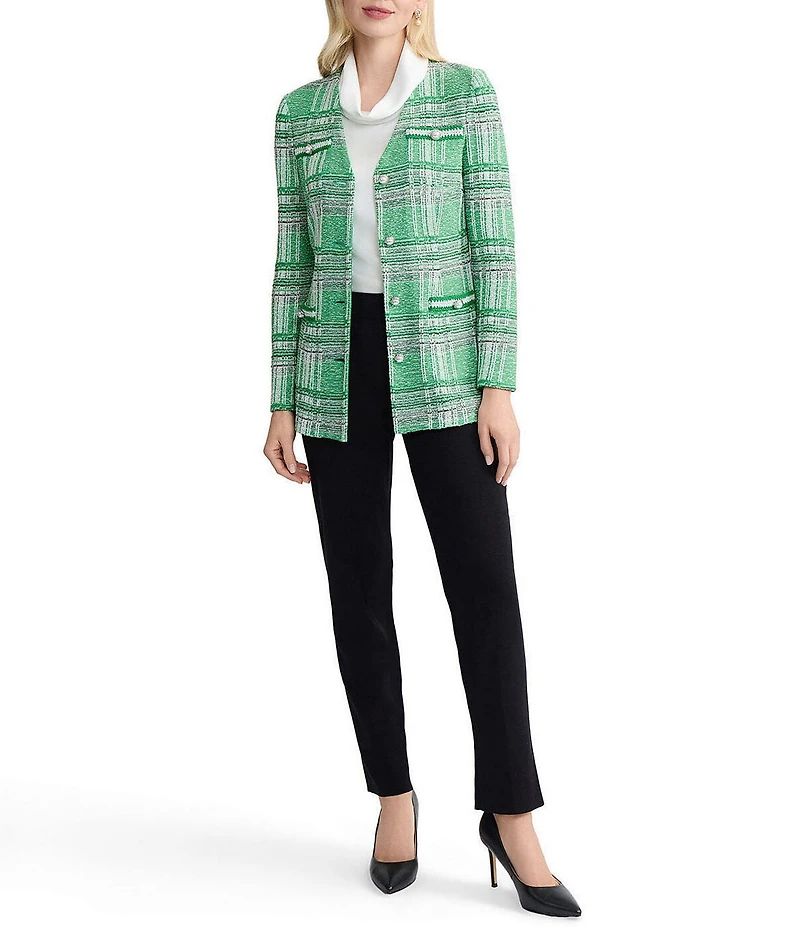MISOOK Crochet Trim Plaid KNit V-Neck Long Sleeve Jacket