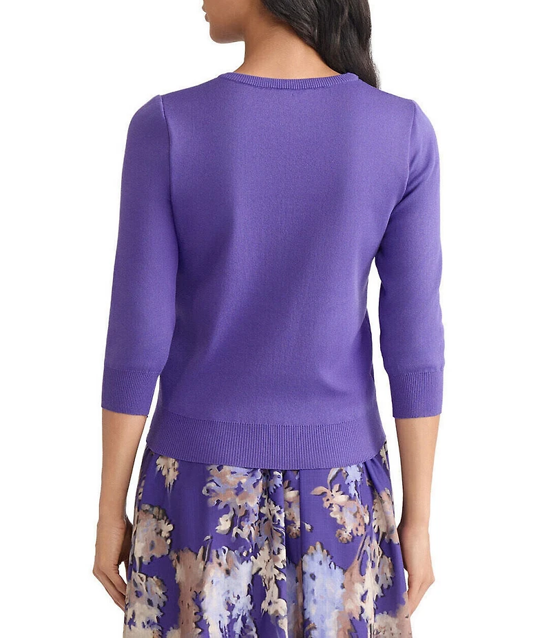 MISOOK Embroidered Floral Soft Knit Crew Neck 3/4 Sleeve Sweater