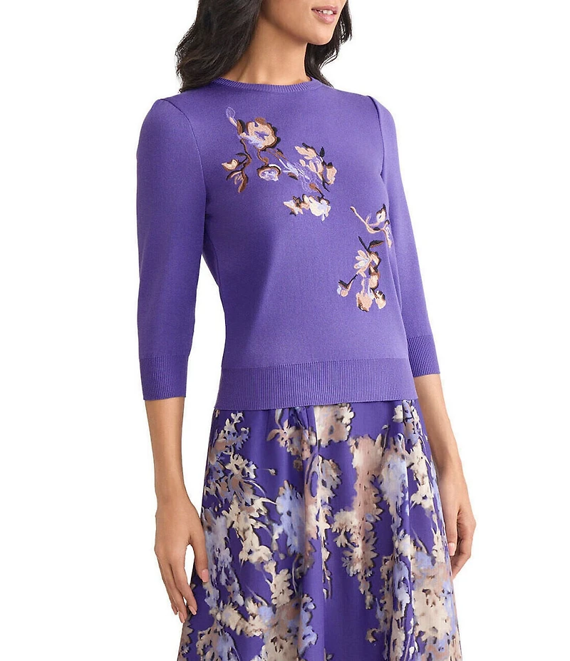 MISOOK Embroidered Floral Soft Knit Crew Neck 3/4 Sleeve Sweater