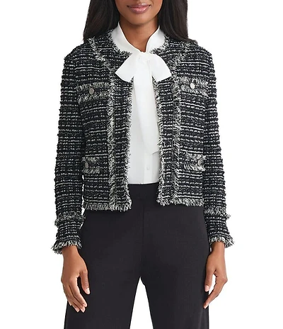 MISOOK Eyelash Tweed Knit Round Neck Long Sleeve Jacket