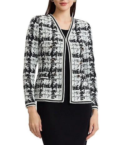 MISOOK Faux Double Breasted Knit Printed Open V-Neck Long Sleeve Tailored Jacket