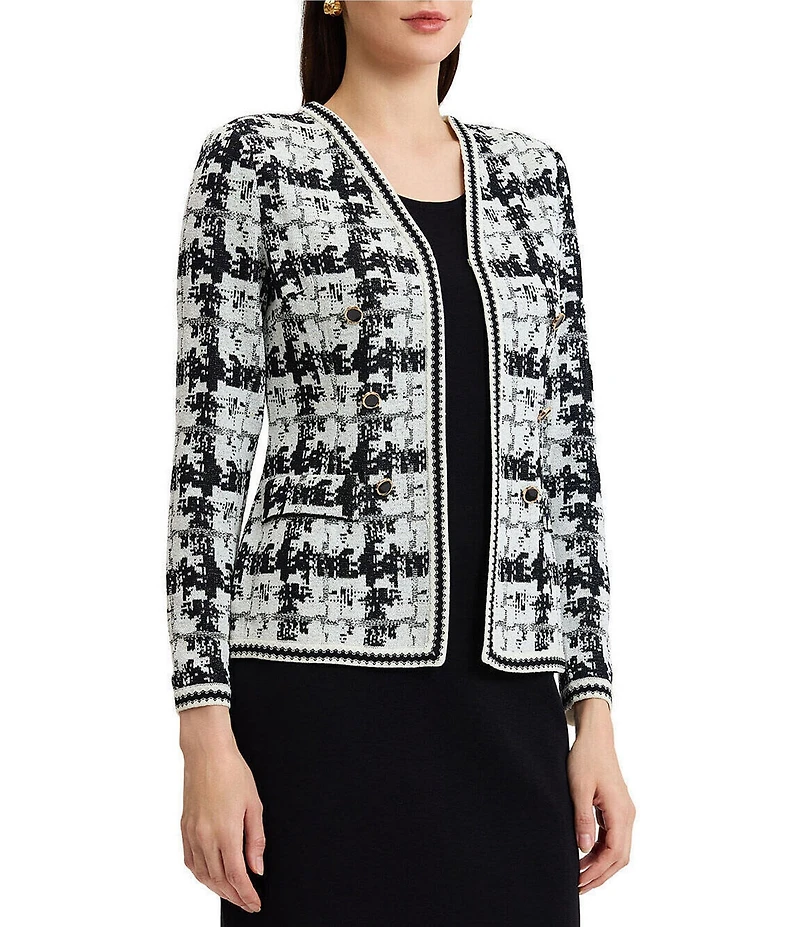 MISOOK Faux Double Breasted Knit Printed Open V-Neck Long Sleeve Tailored Jacket