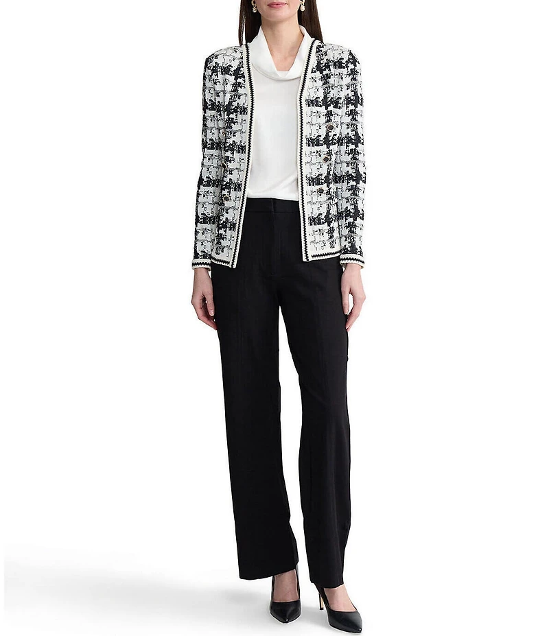 MISOOK Faux Double Breasted Knit Printed Open V-Neck Long Sleeve Tailored Jacket