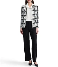 MISOOK Faux Double Breasted Knit Printed Open V-Neck Long Sleeve Tailored Jacket