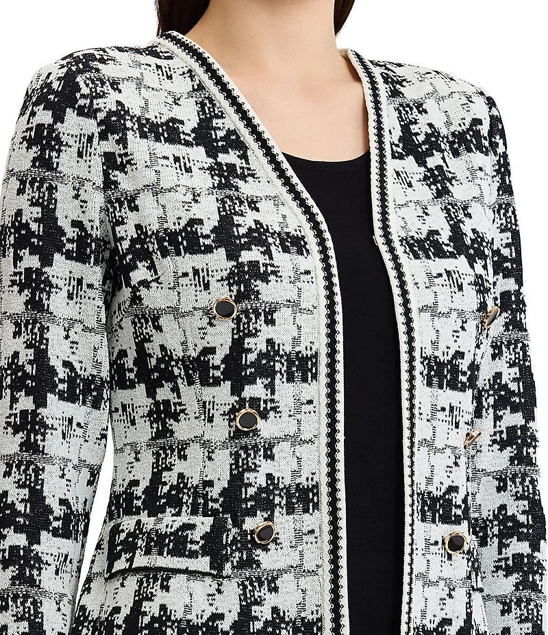 MISOOK Faux Double Breasted Knit Printed Open V-Neck Long Sleeve Tailored Jacket