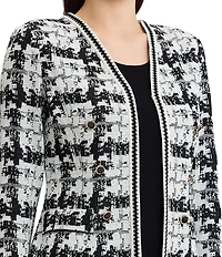 MISOOK Faux Double Breasted Knit Printed Open V-Neck Long Sleeve Tailored Jacket