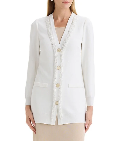 MISOOK Flat Knit V-Neck Long Sleeve Beaded Trim Cardigan