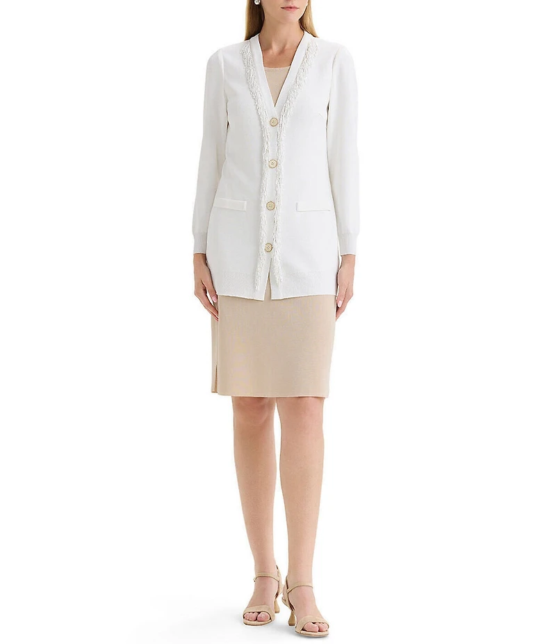 MISOOK Flat Knit V-Neck Long Sleeve Beaded Trim Cardigan