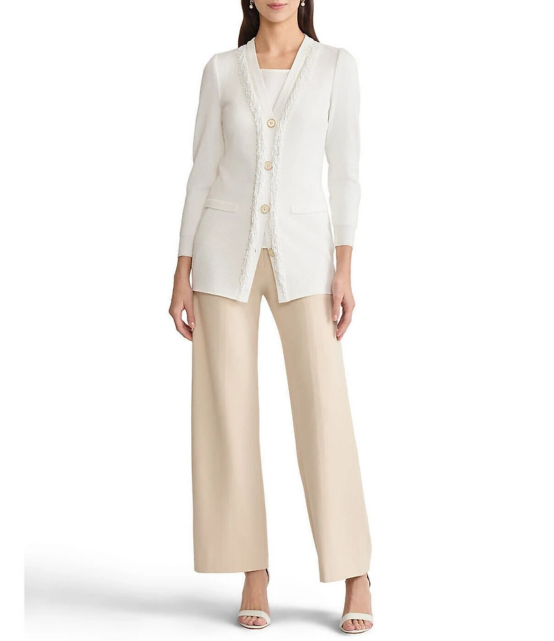 MISOOK Flat Knit V-Neck Long Sleeve Beaded Trim Cardigan