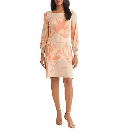 MISOOK Floral Burnout Soft Knit Square Neck Long Sleeve A-Line Dress